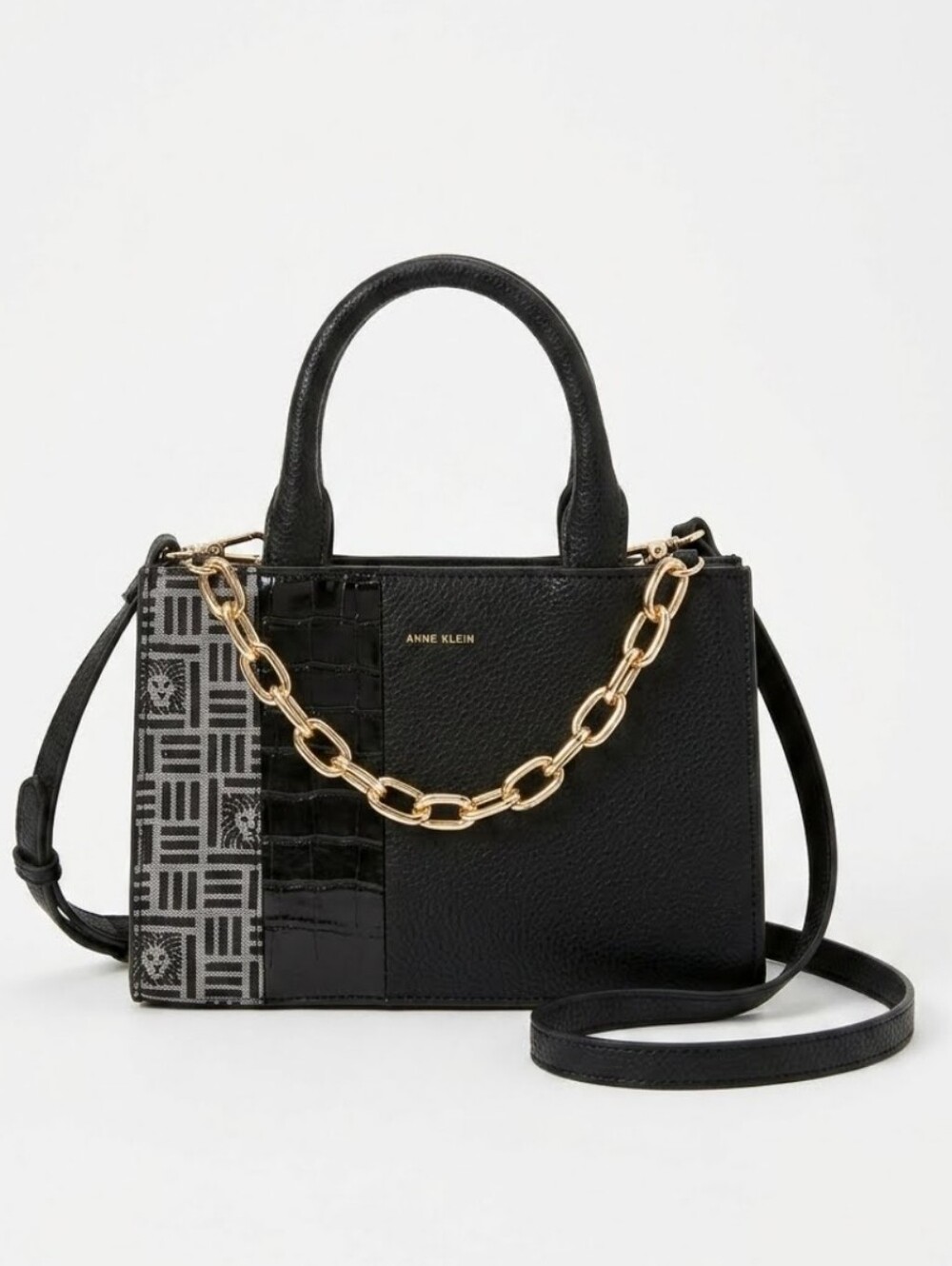 Anne Klein Black Textured Satchel with Gold Chain Accent And Long Strap